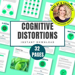 May include: A printable workbook with 32 pages on cognitive distortions. The workbook features a green and white colour scheme with illustrations of a funnel, a target, and a globe. The text "Cognitive Distortions" is in a large, bold font.