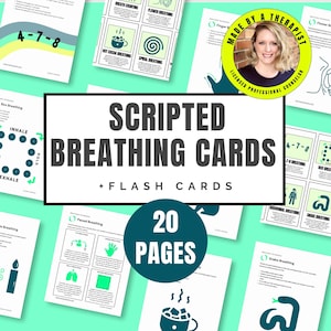 Puede incluir: Un conjunto de tarjetas didácticas blancas con diversas técnicas de respiración, incluyendo 4-7-8, respiración en caja y respiración de serpiente. Las tarjetas presentan ilustraciones y texto, con las palabras "SCRIPTED BREATHING CARDS + FLASH CARDS" en un lugar destacado. La imagen también incluye un gráfico circular que dice "20 PAGES".