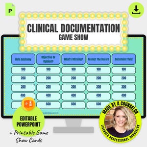 May include: A digital game show template titled Clinical Documentation Game Show displayed on a monitor. The board features five categories: Note Anatomy, Objective Or Opinion, What's Missing, Protect The Record, and Document This, with point values.