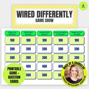 May include: A printable game board titled Wired Differently Game Show with five columns featuring categories like Brains Are Different, ADHD Myth Busters, and Autism Myth Busters, each with point values from 100 to 500 in a grid format.