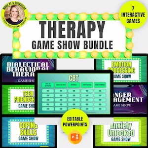 Therapy Game Show Bundle | 7 Counseling Games for Coping Skills, DBT, CBT, Anxiety, Anger, Emotions & Teen Friendship | Editable Powerpoint