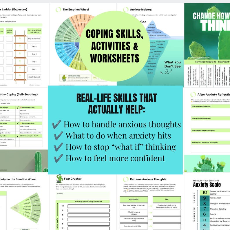 May include: A collection of mental health worksheets featuring the text COPING SKILLS, ACTIVITIES & WORKSHEETS and REAL-LIFE SKILLS THAT ACTUALLY HELP. The pages include an emotion wheel, anxiety iceberg, and various charts for tracking thoughts.
