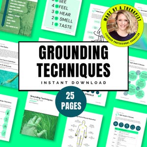 Op de afbeelding: Een digitale download van 25 pagina's met aardingsoefeningen voor mentale gezondheid. De pagina's worden weergegeven op een groene achtergrond met een witte cirkel waarop '25 pagina's' staat. De titel van de download is 'Aardingsoefeningen: Direct downloaden'.