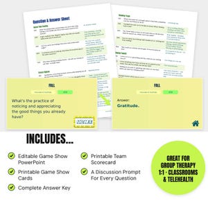 May include: A digital game show resource featuring a Question & Answer sheet with categories like Name That Feeling, Stress Signals, and Thinking Traps. Includes two yellow slides labeled Fall with questions about gratitude and an answer key.