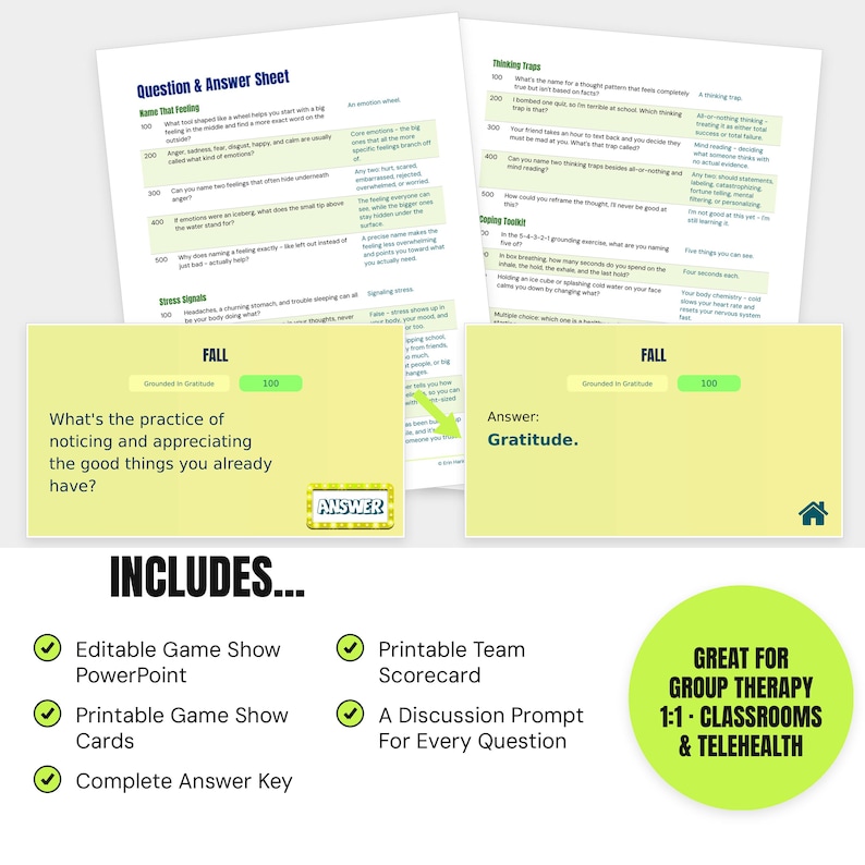 May include: A digital game show resource featuring a Question & Answer sheet with categories like Name That Feeling, Stress Signals, and Thinking Traps. Includes two yellow slides labeled Fall with questions about gratitude and an answer key.