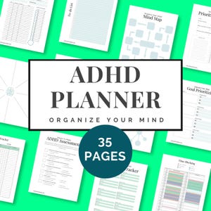 May include: A printable ADHD planner with 35 pages, featuring a mind map, to-do list, goal prioritization, time blocking, and an ADHD assessment. The planner is designed to help people with ADHD organize their thoughts and manage their time.