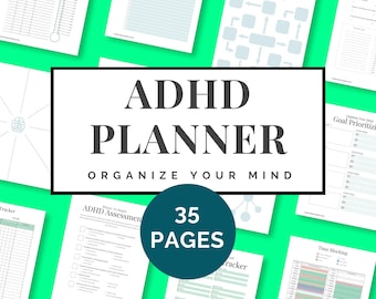 May include: A printable ADHD planner with 35 pages, featuring a mind map, to-do list, goal prioritization, time blocking, and an ADHD assessment. The planner is designed to help people with ADHD organize their thoughts and manage their time.
