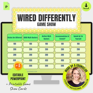 May include: A digital game show template titled Wired Differently Game Show with five categories: Brains Are Different, ADHD Myth Busters, Autism Myth Busters, Accommodation Or Excuse, and Speak Up For Yourself, each with point values from 100 to 500.