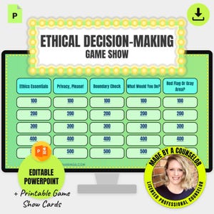 Peut inclure: Un tableau de jeu numérique intitulé Ethical Decision-Making Game Show avec cinq catégories : Ethics Essentials, Privacy, Please!, Boundary Check, What Would You Do? et Red Flag Or Gray Area, affichant des points de 100 à 500.