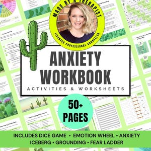 May include: An anxiety workbook featuring over 50 pages of activities and worksheets. The cover displays a green cactus illustration, the text "ANXIETY WORKBOOK ACTIVITIES & WORKSHEETS," and a circular badge with a photo of a counselor.