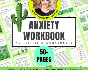 May include: An anxiety workbook featuring over 50 pages of activities and worksheets. The cover displays a green cactus illustration, the text "ANXIETY WORKBOOK ACTIVITIES & WORKSHEETS," and a circular badge with a photo of a counselor.
