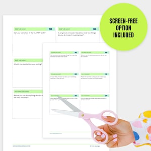 May include: A printable game sheet with questions categorized under Ride the Wave, Feelings Decoded, and Say It Straight. A pair of light pink scissors is positioned over the paper. A bright green circle in the corner reads Screen-Free Option Included.