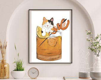 Calico Cat Cocktail Print, Funny Whiskey Bar Art (Digital Download)