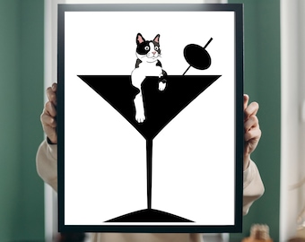 Cat Martini Art Print, Funny Cocktail Bar Decor (Digital Download)