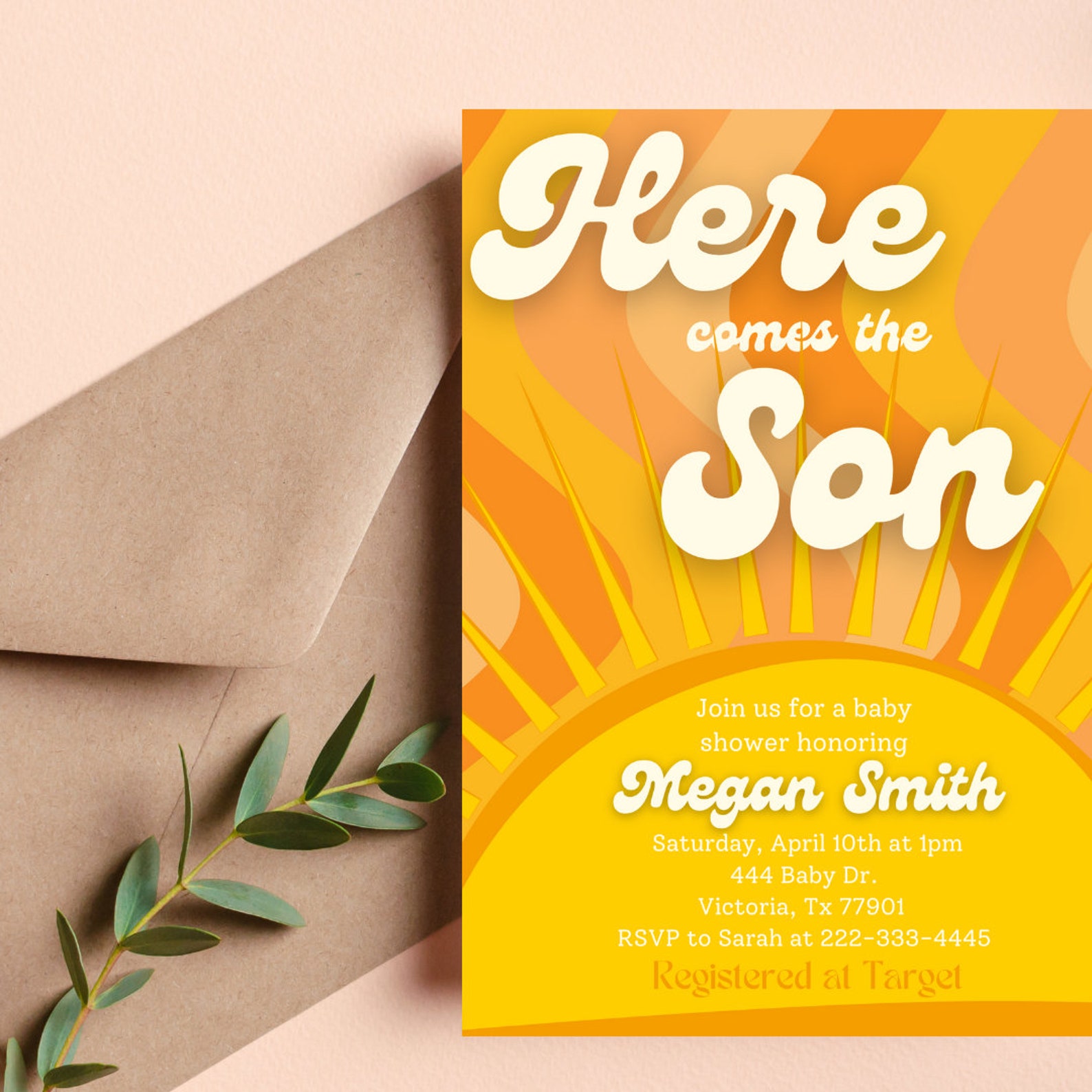 Customizable Baby Shower Invite Here Comes the Son Retro Sun Etsy