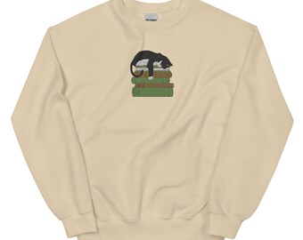 Embroidered Cat On Books Crewneck, Book Lover Sweatshirt