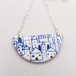 Blue and White City Print Pendant| Handmade Polymer Clay Necklace