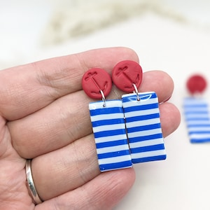 Nautical Earrings Handmade with Polymer Clay | Breton Stripe Earrings | Blue White and Red Rectangles | Ocean Jewellery | Beach Earrings