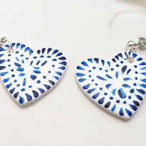 Blue and White Hand-Painted  Earrings | Handmade Polymer Clay Earrings | Greece Inspired Heart Earrings