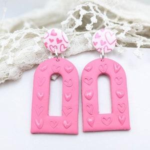 Pink and White Arch Earrings with a Delicate Love Heart Texture | Handmade Polymer Clay Earrings | Feminine Valentine&#39;s Earrings | Gift