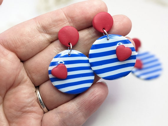 Nautical Earrings Breton Stripe Earrings Handmade With Polymer