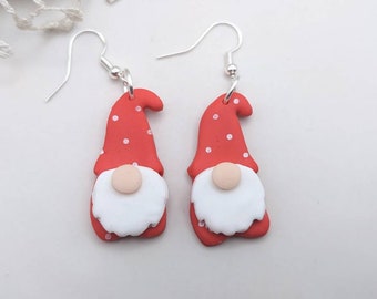 Gonk Earrings in Red with White Dots | Handmade Polymer Clay Earrings | Christmas Gnome Dangle Earrings | Cute Christmas Character Earrings
