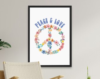 Peace And Love Wall Print, Digital Download Print, Retro Wall Decor, Large Printable Art, Downloadable Prints, Wall Art, svg, png, jpeg, pdf