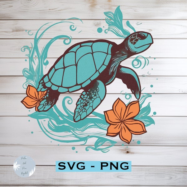 Turtle With Wave svg - Sea Turtle svg - Flower Turtle svg - Turtle in Wave svg - cut files for Cricut - Turtle Sublimation - png files