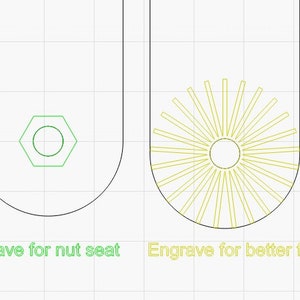 May include: Two different methods for engraving a surface. The left image shows a hexagonal shape engraved for a nut seat. The right image shows a circular shape with radiating lines engraved for better friction.