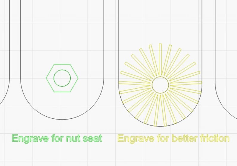 May include: Two different methods for engraving a surface. The left image shows a hexagonal shape engraved for a nut seat. The right image shows a circular shape with radiating lines engraved for better friction.