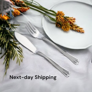 Silver fish cutlery set (fork and knife),  wedding fish flatware, silver plated cutlery set stripe design.