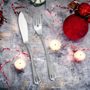 Silver fish cutlery set (fork and knife),  wedding silver plated fish flatware stripe design available for 1, 2, 3, 4, 5, 6, 12 persons