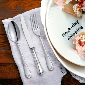 Juego de plata, juego de bodas de plata 3 piezas, juego bañado en plata (tenedor, cuchara, cuchillo), juego de bodas personalizado, juego de mesa diseño floral