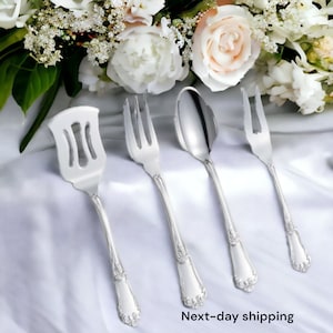 Conjunto de plata, conjunto de bodas de plata, conjunto bañado en plata (tenedor de entremeses, cuchara, pala y tenedor de limón), conjunto de bodas personalizado Diseño floral