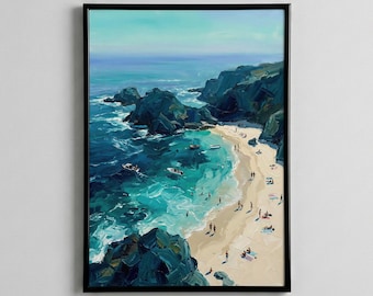 Turquoise Cove Beach Painting | Mediterranean Sea Cliffs Art (Digital Download)