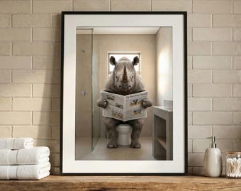 Impression rhinocéros drôle sur les toilettes | Art de lecture de journal de rhinocéros | Décoration de salle de bain Safari | Art mural original pour toilettes | Téléchargement numérique