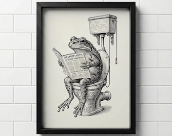 Retro Frosch auf Toilette Druck | Schröckchen Badezimmer Wand Dekor | Lustige Frosch-Kunst Digitaler Download