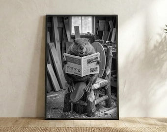 Funny Otter on Toilet Print, Black and White Bathroom Art (Digital Download)
