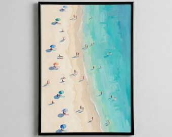 Coastal Summer Beach Art Print | Aerial Ocean Waves Painting | Minimalist Seaside Wall Decor | Turquoise Water Artwork | Digital Download