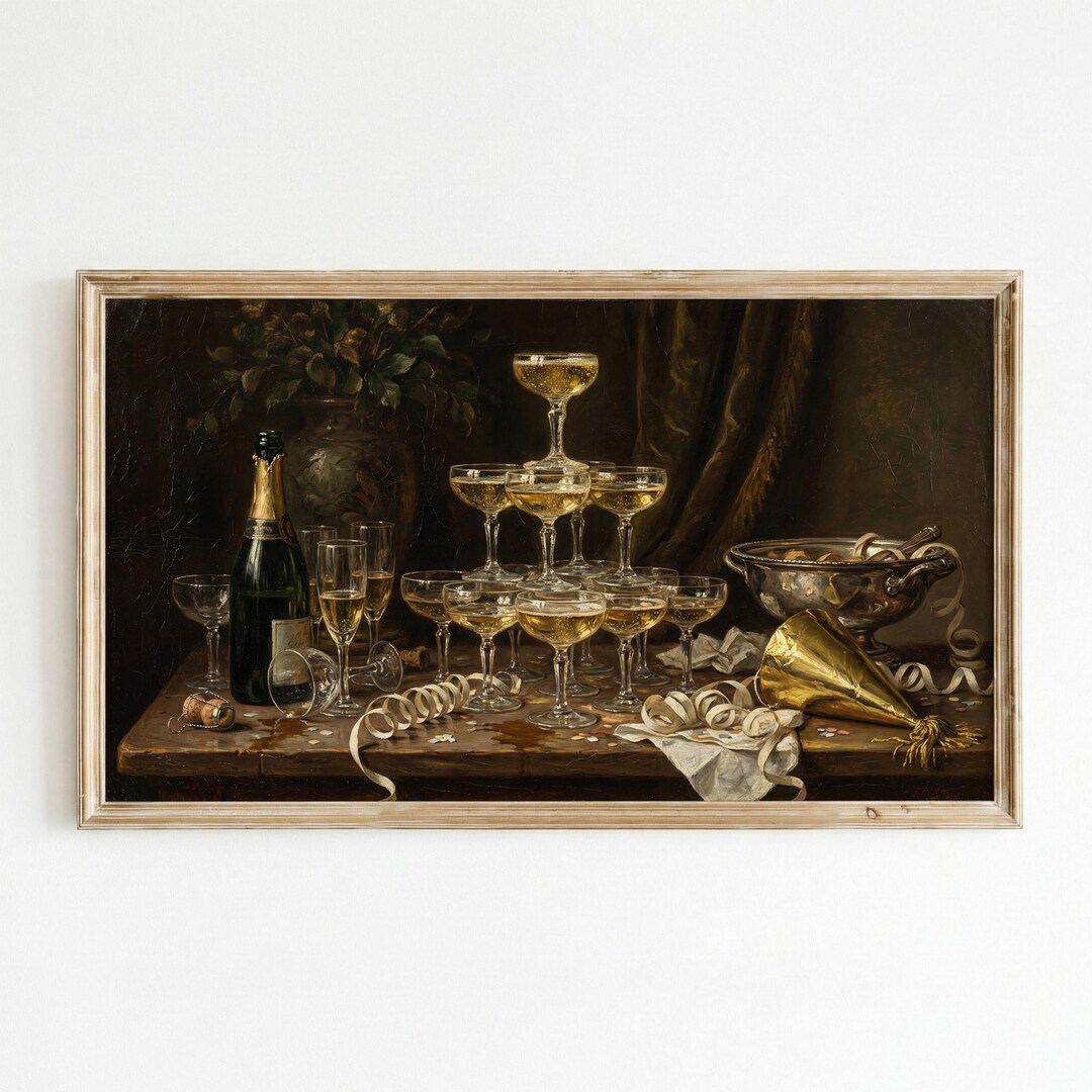 Pintura a óleo Torre de Champanhe | Decoração Intimista de Ano Novo ...