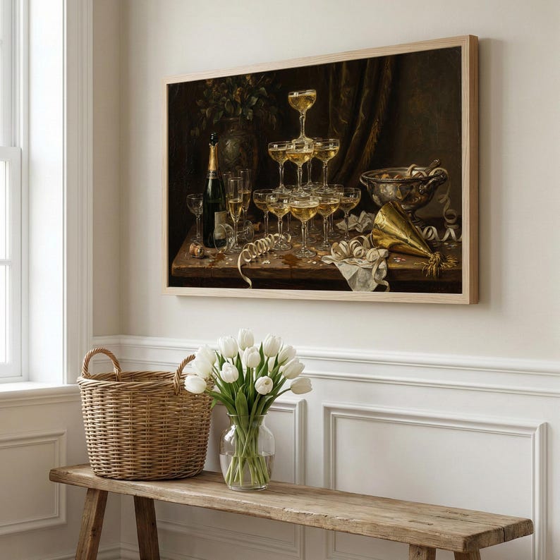 Pintura a óleo Torre de Champanhe | Decoração Intimista de Ano Novo ...