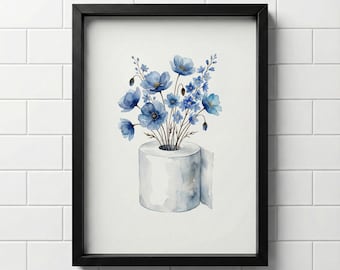 Blue Floral Toilet Paper Art | Whimsical Watercolor Bathroom Print (Digital Download)
