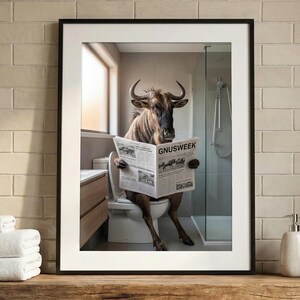 Wildebeest on Toilet Print | Funny Gnu Newspaper Bathroom Art (Digital Download)