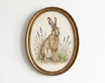 Aquarelle vintage de lièvre | Impression de lapin de Pâques | Décoration murale botanique lavande (téléchargement numérique)