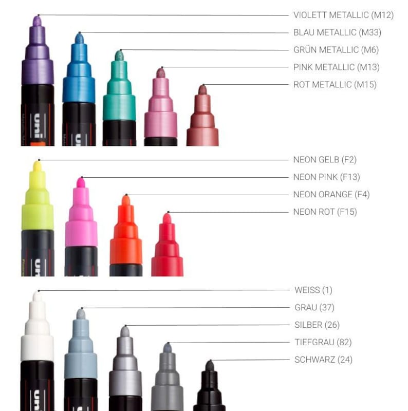 May include: A set of 15 Uni Posca paint markers in various colors, including metallic, neon, and standard colors. The markers are arranged in three rows of five, with the color names and codes listed below each row.