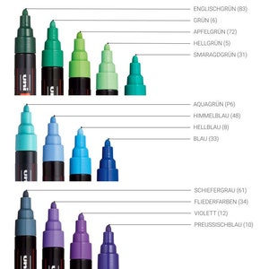 May include: A set of 10 Uni Posca paint markers with different colors, including green, blue, and purple. The markers are arranged in rows of five, with the color names and numbers listed below each row.