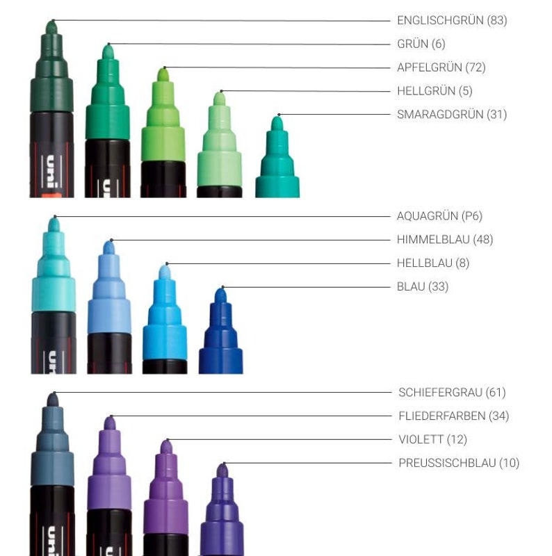 May include: A set of 10 Uni Posca paint markers with different colors, including green, blue, and purple. The markers are arranged in rows of five, with the color names and numbers listed below each row.