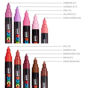 May include: A set of 10 Uni Posca paint markers in various colors, including red, pink, brown, and purple. The markers are arranged in two rows of five, with the color names and numbers listed above each row.