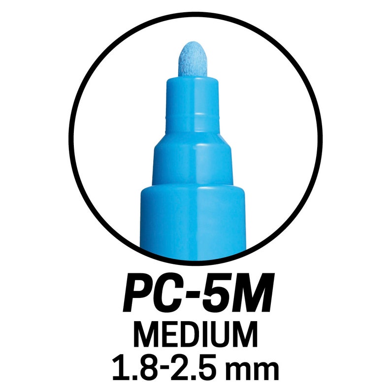 May include: Close-up of a blue paint marker with a medium tip, labeled "PC-5M MEDIUM 1.8-2.5 mm".