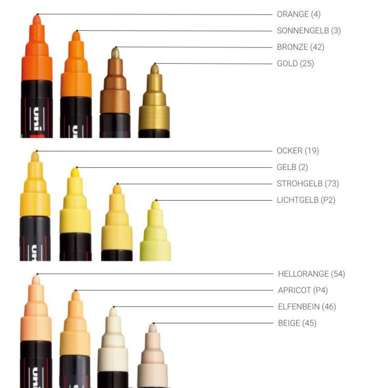 May include: A set of 10 paint markers with different colors, including orange, yellow, and beige. The markers are labeled with the color name and a number. The markers are arranged in rows of four, with the largest marker at the top and the smallest marker at the bottom.